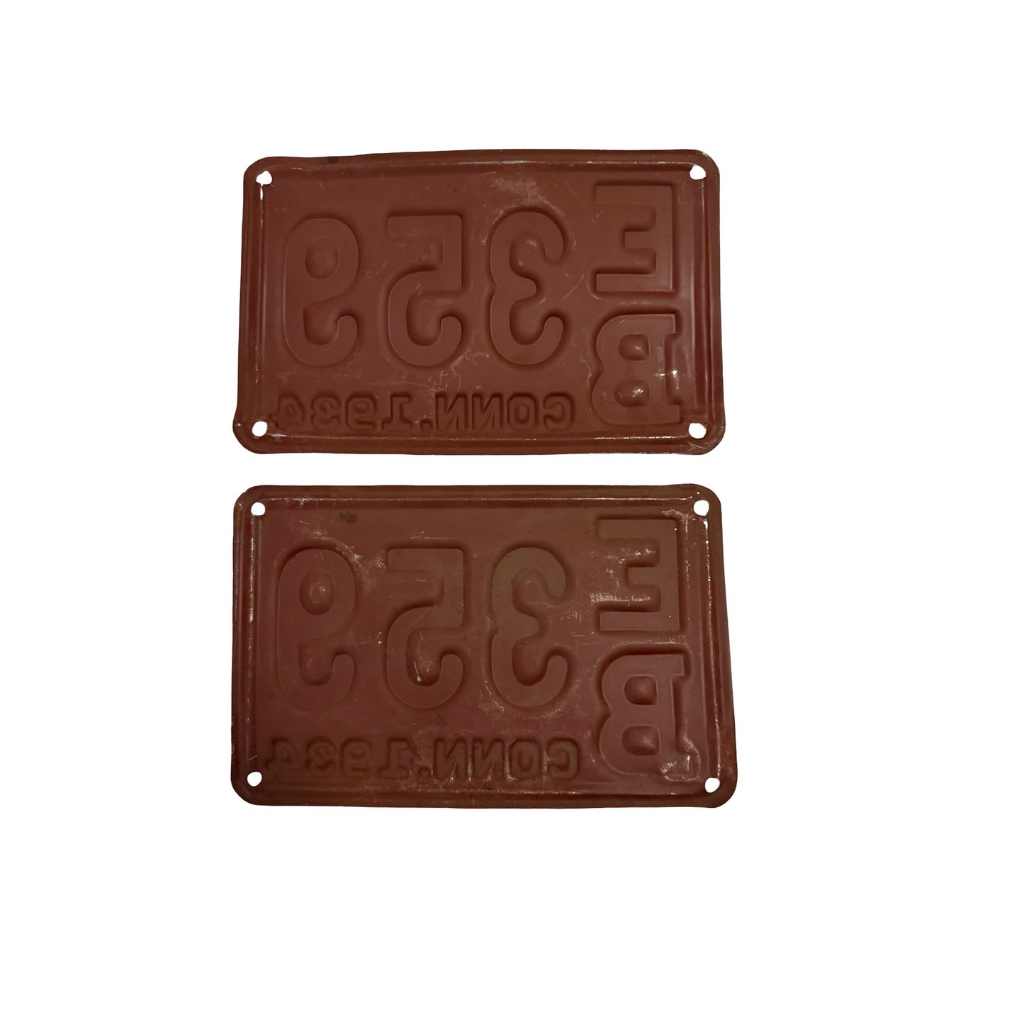 Vintage 1934 Connecticut License Plate Pair EB 359 Brown Embossed Matching Set