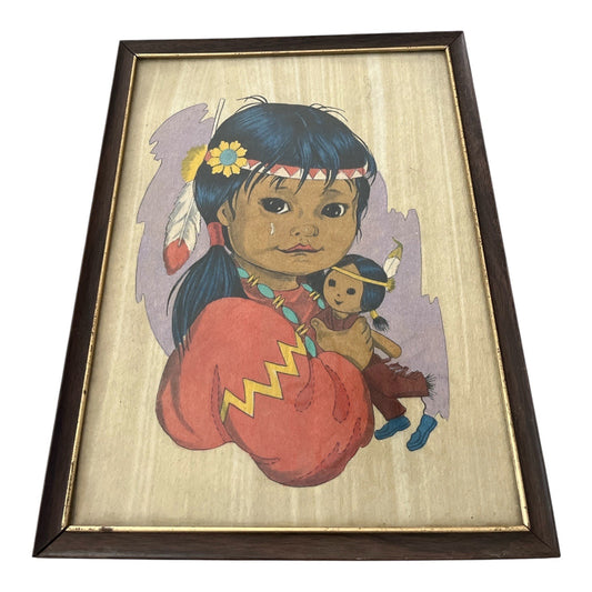 Vintage Framed Velvet Art Print – Native American Girl with Doll – 9x11” Flocked Textile
