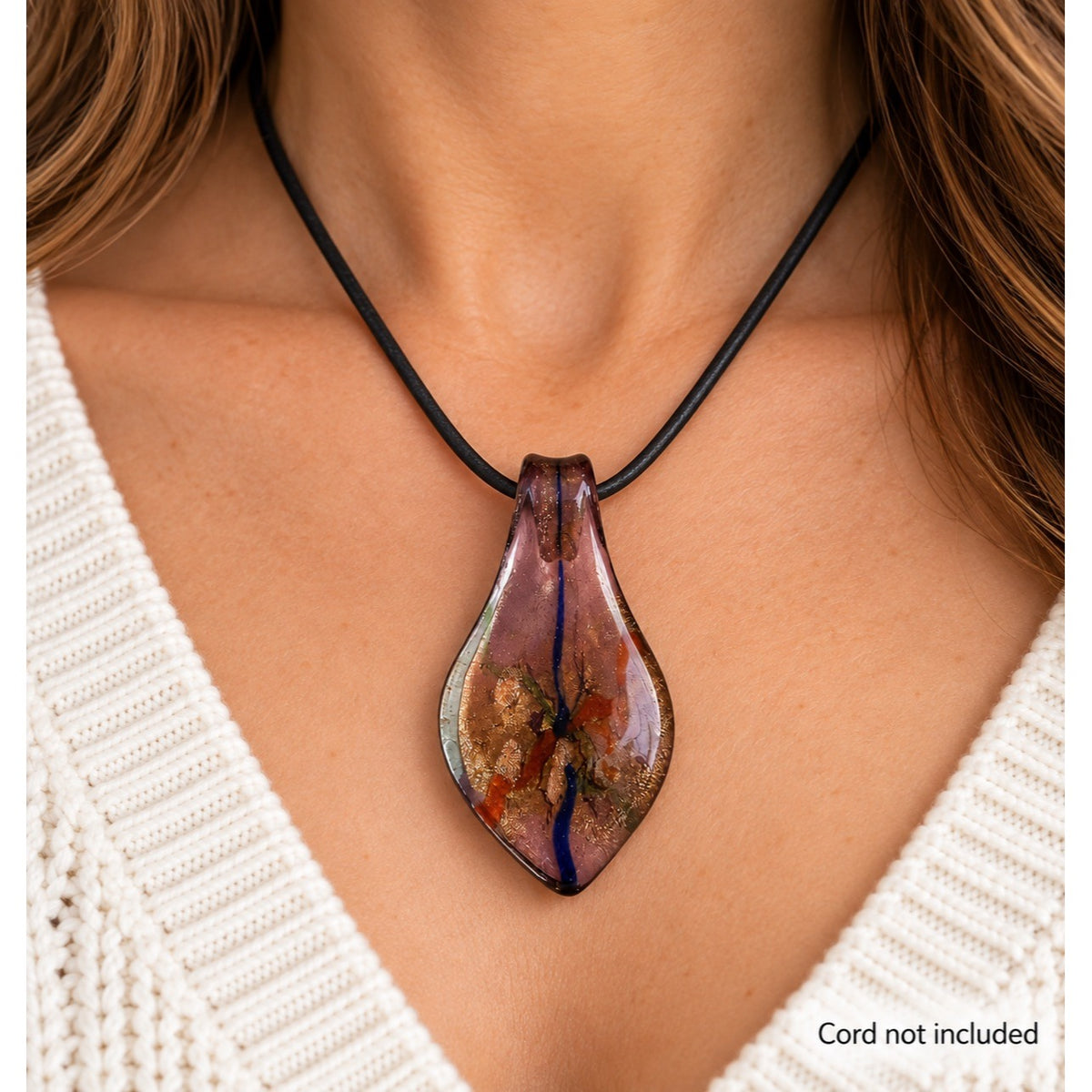 Handcrafted Art Glass Pendant Purple Gold Foil Teardrop Necklace Charm