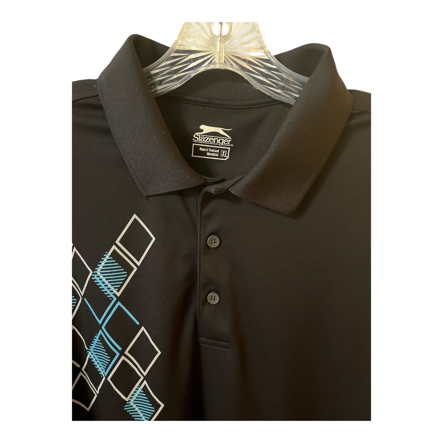 Slazenger Black Golf Polo Shirt – Size XL – Blue & White Diamond Pattern – 24 x 29.5”