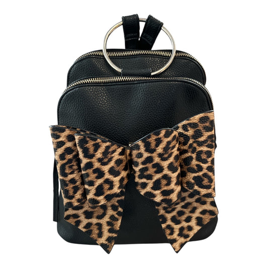 Like Dreams Faux Leather Mini Backpack with Leopard Print Bow – Black – Double Zip Compartments – Ring Handle – 11” x 10” x 6”