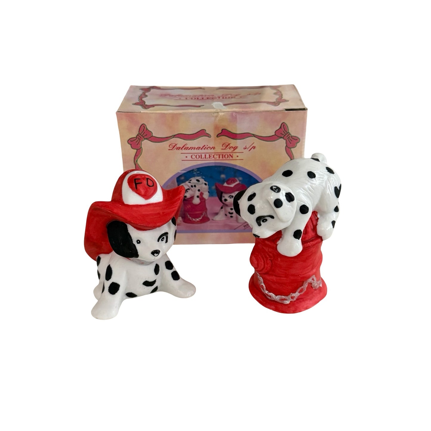 Young's Inc Vintage Hand Painted Dalmatian Dog Salt & Pepper Shakers Firefighter Theme w Box