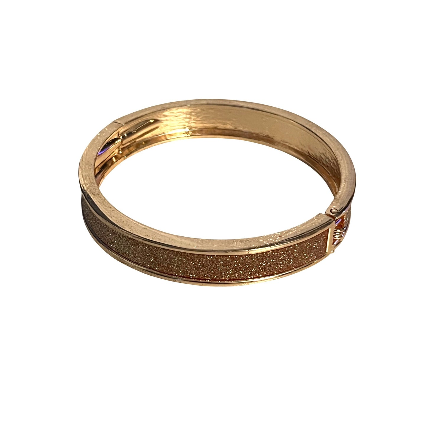 Rose Gold Tone Glitter Bangle Bracelet Hinged Clasp Sparkle Inlay 2.5 Inch