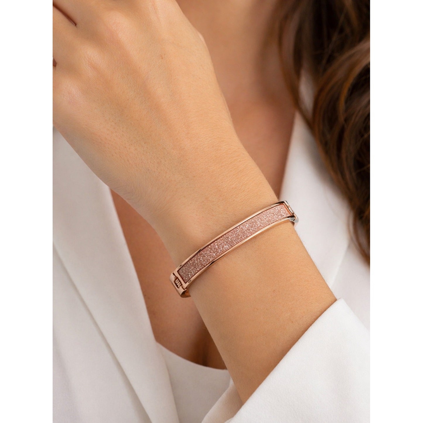 Rose Gold Tone Glitter Bangle Bracelet Hinged Clasp Sparkle Inlay 2.5 Inch