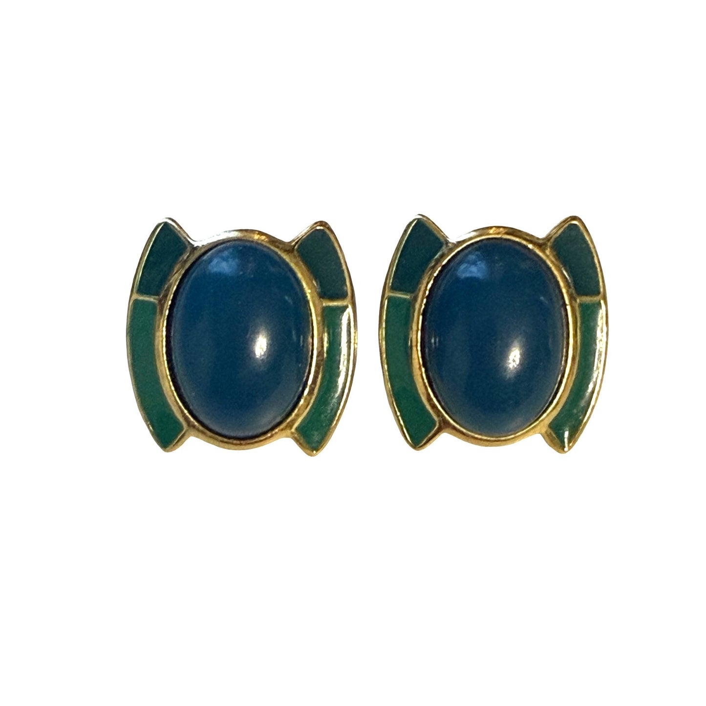 Vintage Trifari Blue Cabochon Green Enamel Gold Tone Stud Earrings