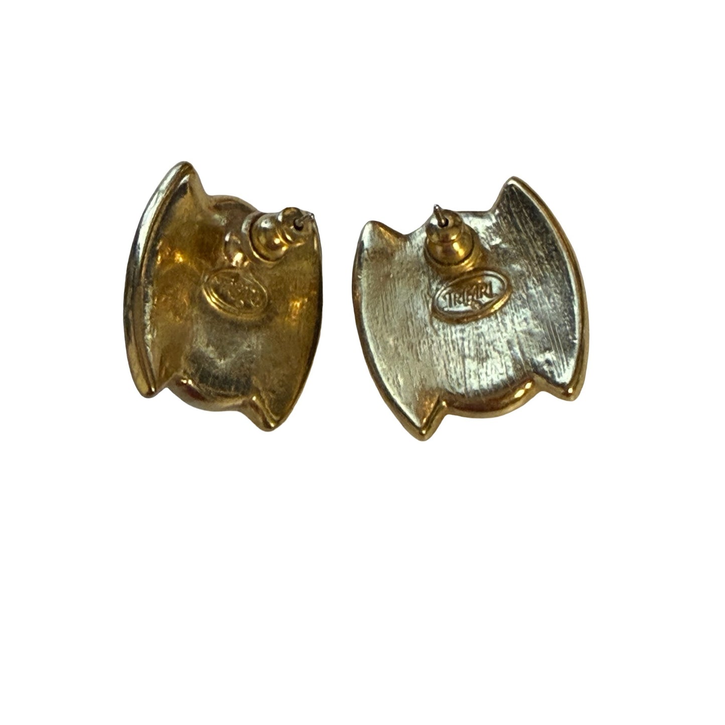 Vintage Trifari Blue Cabochon Green Enamel Gold Tone Stud Earrings