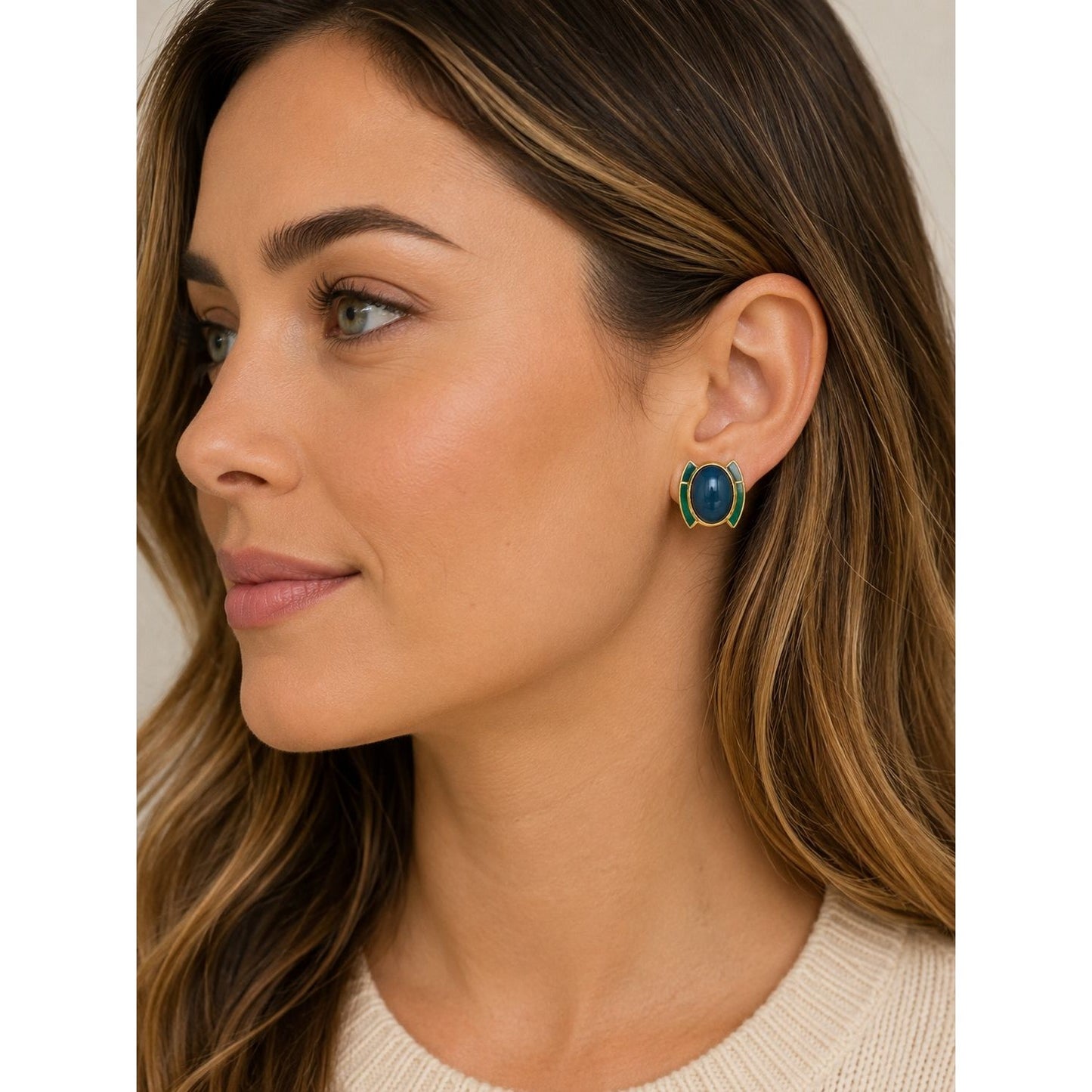 Vintage Trifari Blue Cabochon Green Enamel Gold Tone Stud Earrings