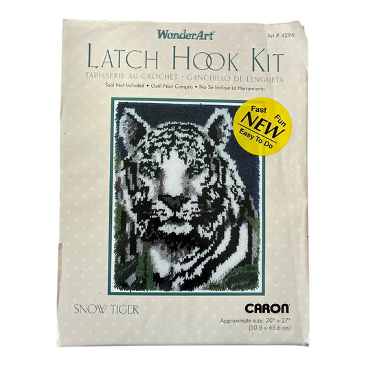 WonderArt Snow Tiger Latch Hook Rug Kit – Caron #4296 – 20" x 27" – Includes Tool – Vintage