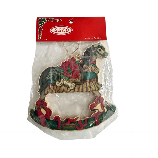 Vintage SSCO Rocking Horse Christmas Ornament Taiwan Wooden Holiday Decor NIP