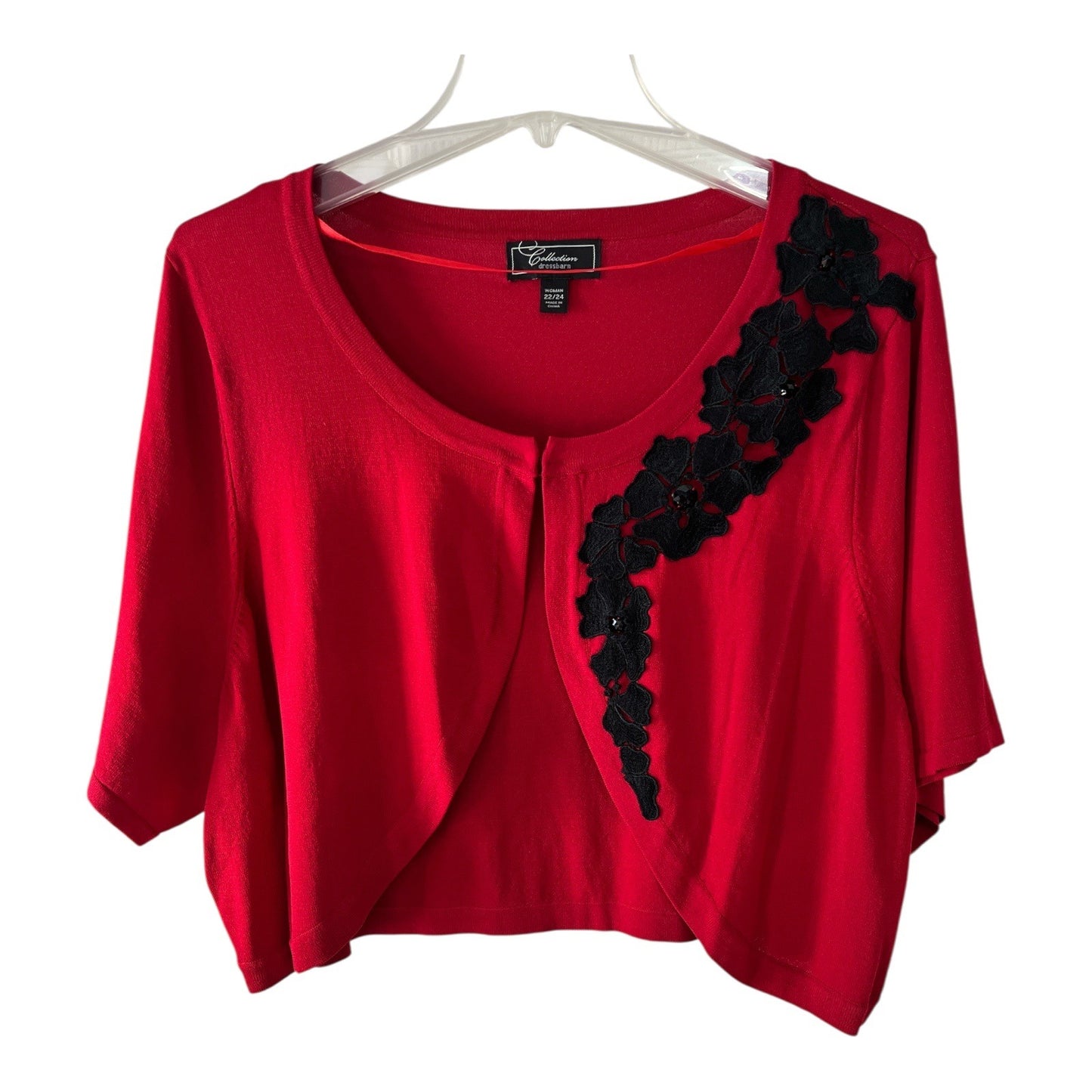 Dressbarn Collection Women’s 22/24 Red Cropped Cardigan with Black Floral Appliqué NWT
