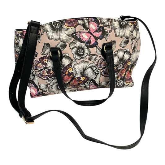 Bueno Butterfly Floral Satchel Handbag with Crossbody Strap | Pink Black Gold | 12x9x6"