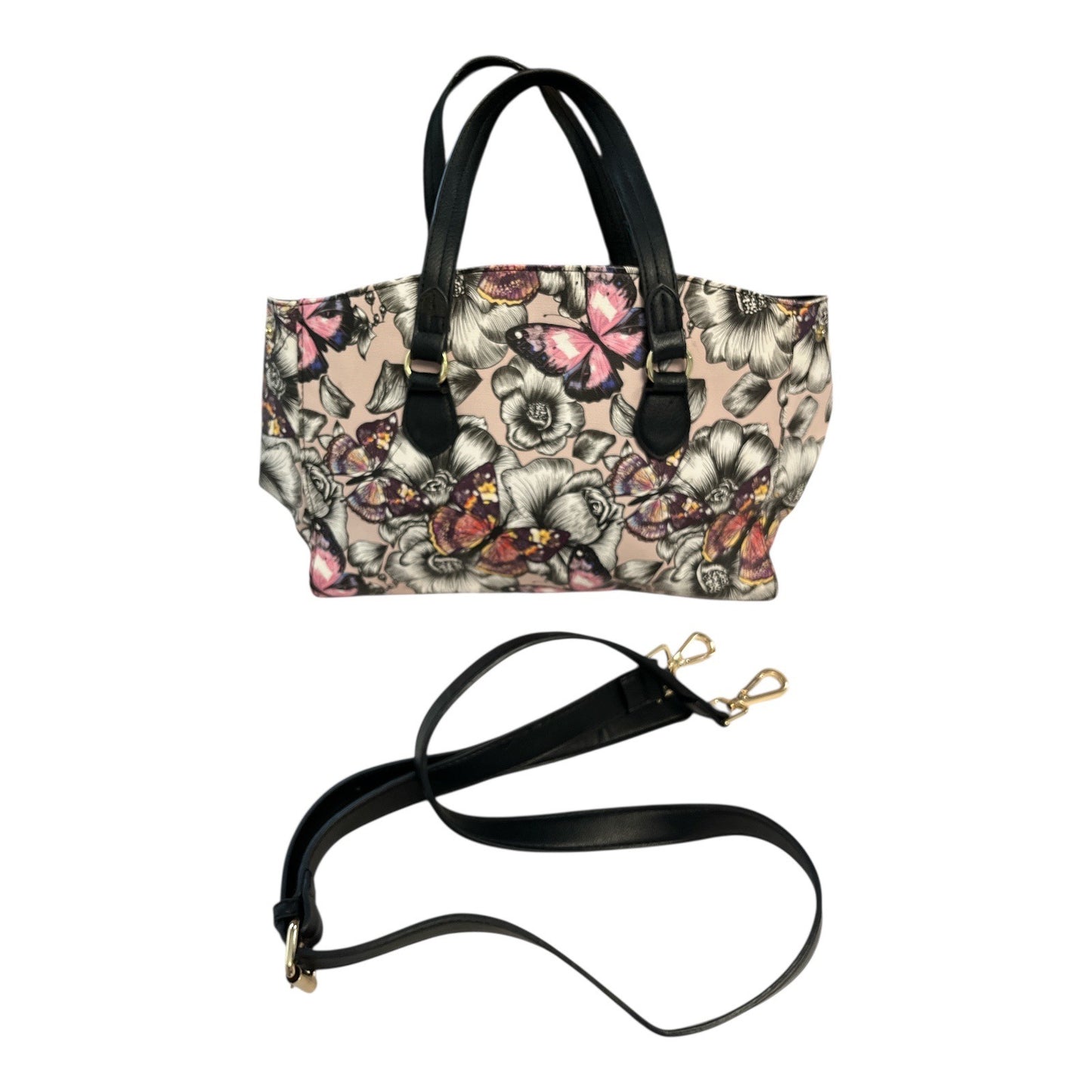 Bueno Butterfly Floral Satchel Handbag with Crossbody Strap | Pink Black Gold | 12x9x6"