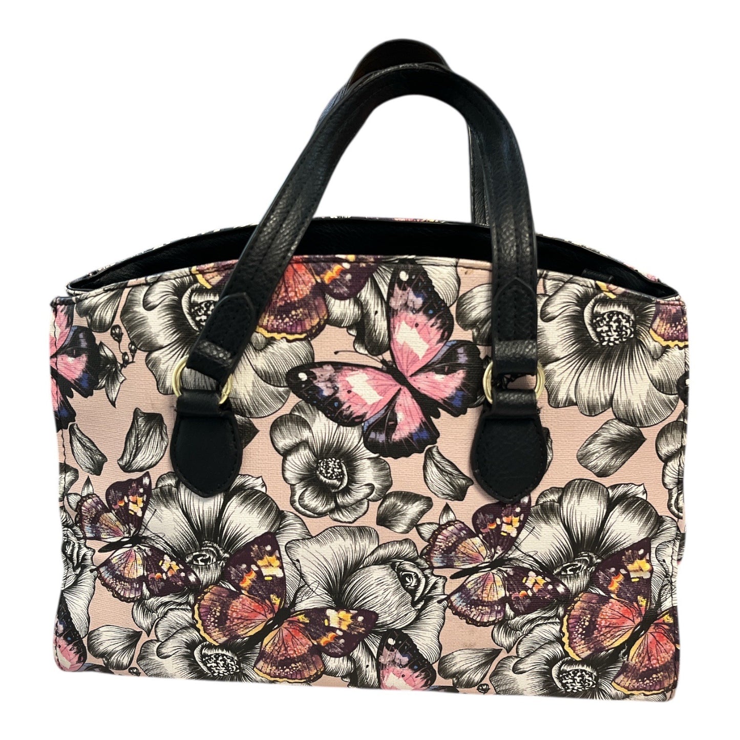Bueno Butterfly Floral Satchel Handbag with Crossbody Strap | Pink Black Gold | 12x9x6"
