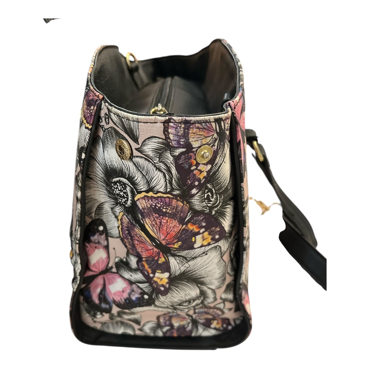 Bueno Butterfly Floral Satchel Handbag with Crossbody Strap | Pink Black Gold | 12x9x6"