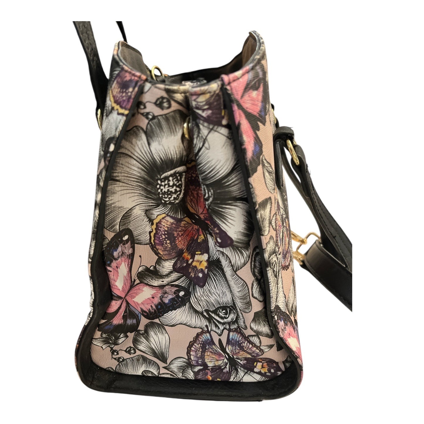 Bueno Butterfly Floral Satchel Handbag with Crossbody Strap | Pink Black Gold | 12x9x6"
