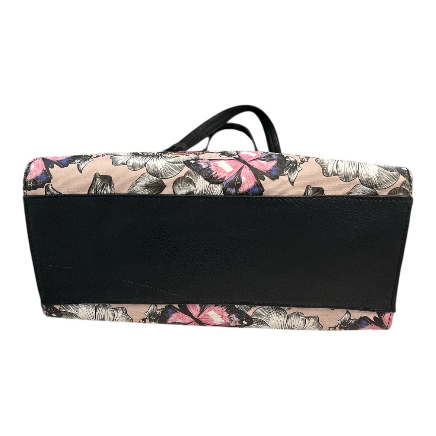 Bueno Butterfly Floral Satchel Handbag with Crossbody Strap | Pink Black Gold | 12x9x6"