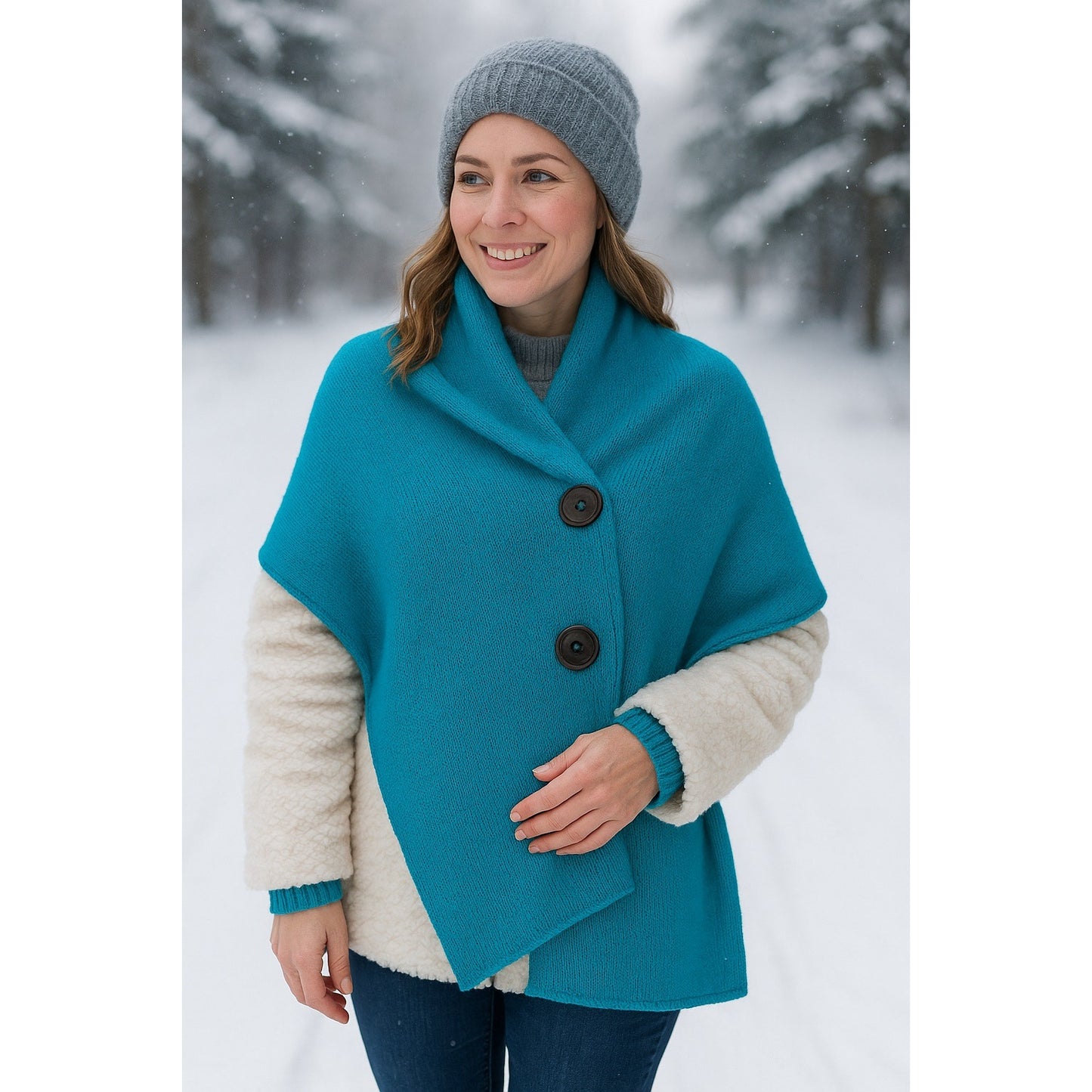 Noelle Turquoise Knit Wrap Shawl with Large Buttons 100% Acrylic