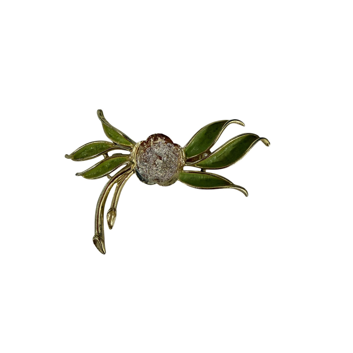 Vintage 1960s 1970s Green Enamel Floral Spray Brooch Gold Tone 3 Inch