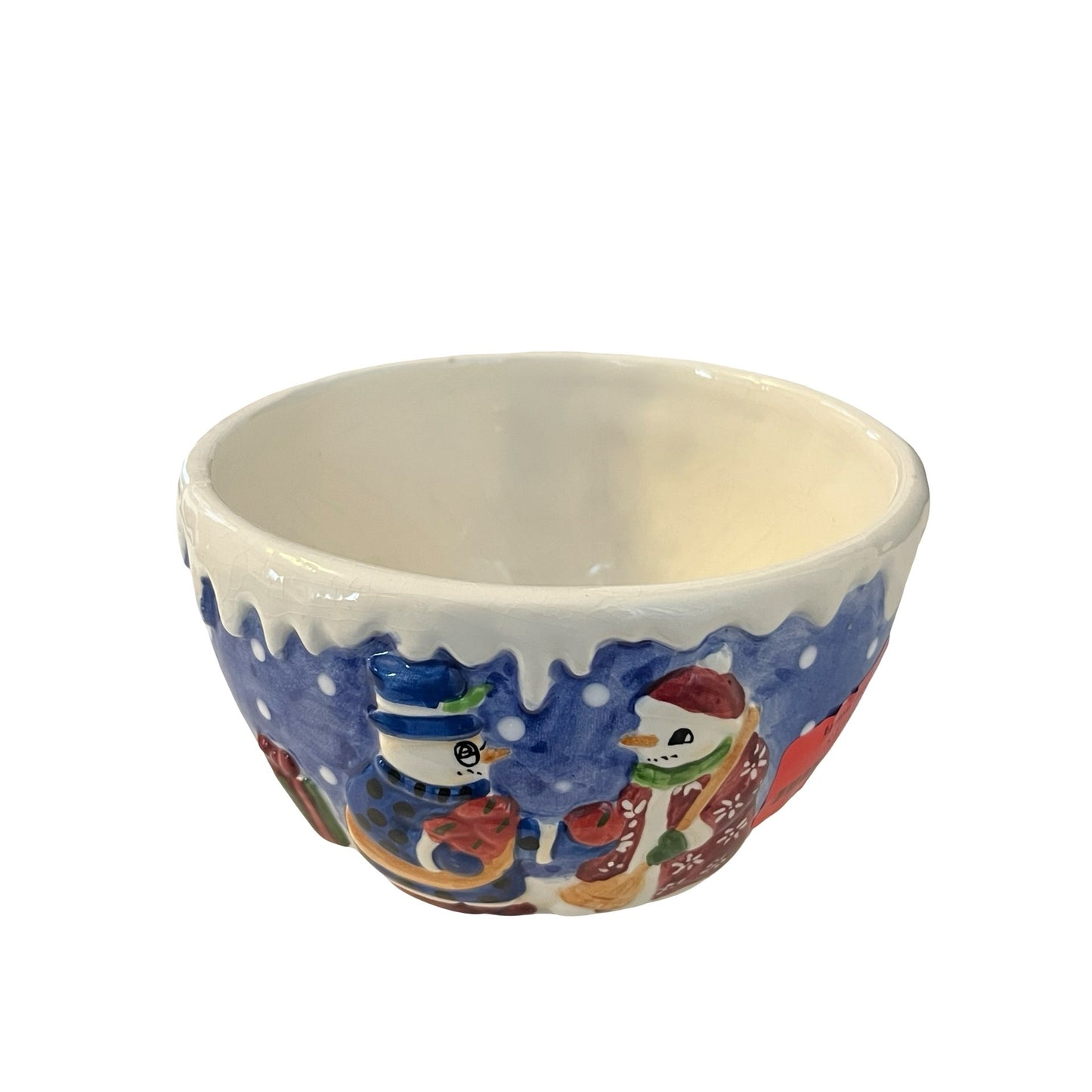 Bliek Snow People Ceramic Bowl 1999 Hand Painted Snowman Holiday Candy Dish