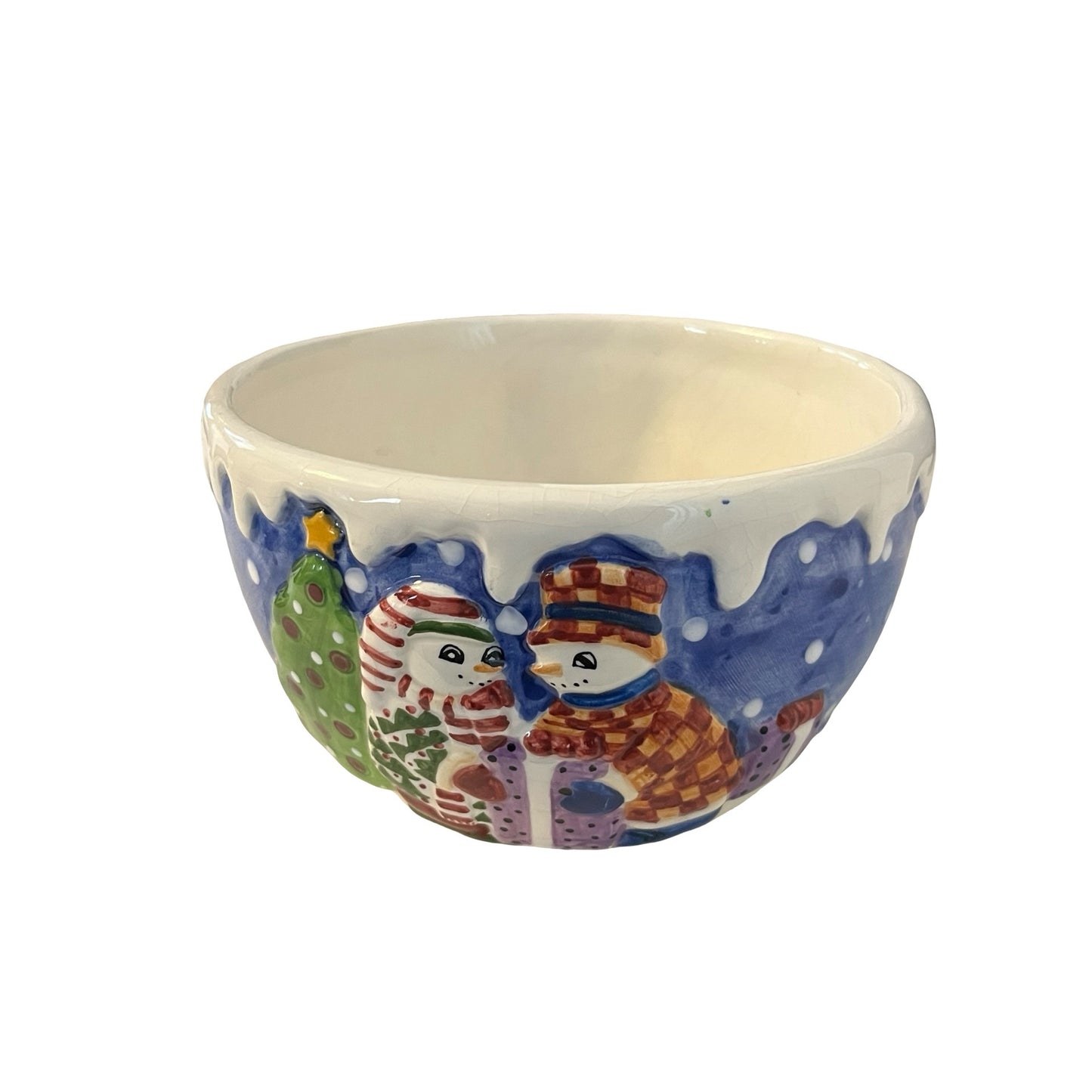 Bliek Snow People Ceramic Bowl 1999 Hand Painted Snowman Holiday Candy Dish