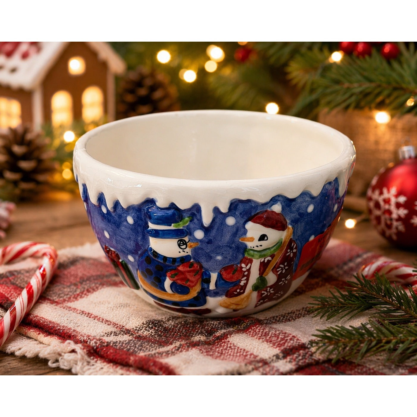 Bliek Snow People Ceramic Bowl 1999 Hand Painted Snowman Holiday Candy Dish
