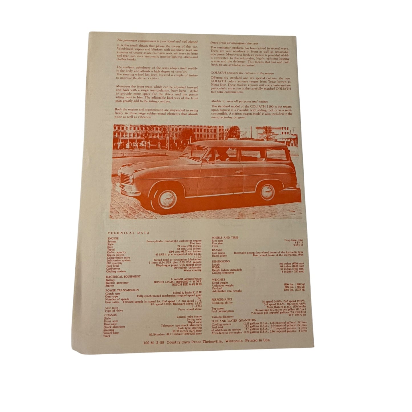 Vintage Goliath 1100 Sales Brochure Country Cars Press 1958 Dealer Catalog Sedan Wagon Kombi