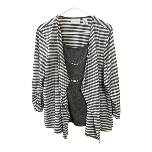 Alfred Dunner Women’s Size L Gray & White Stripe 2-Piece Top with Necklace