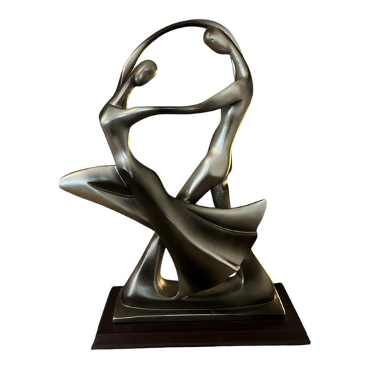 Vintage 1980s Herco Enterprises Modern Dance Sculpture – Silver Resin Couple on Wood Base