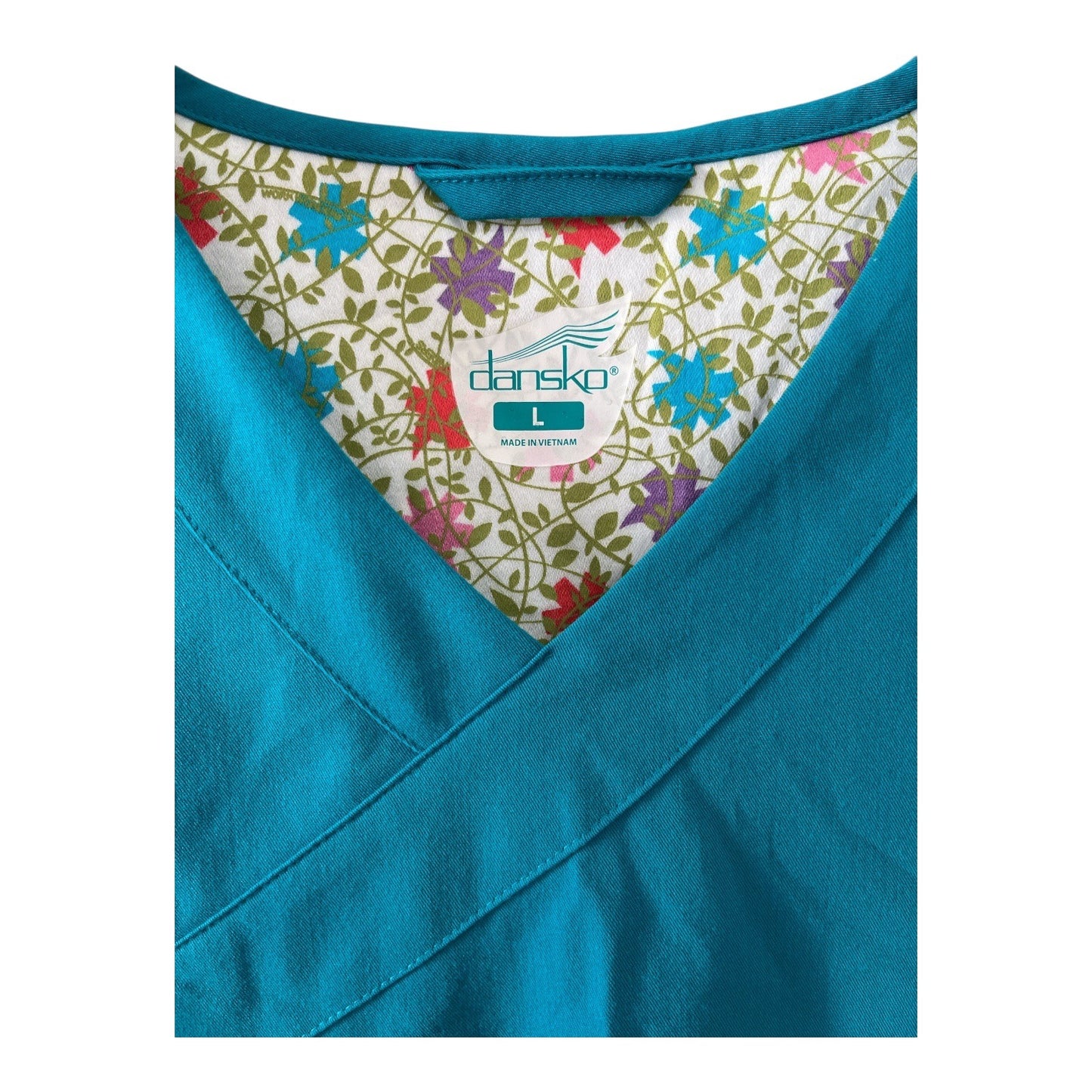 Dansko Women’s Size L Teal Scrub Top with Floral Trim Pockets