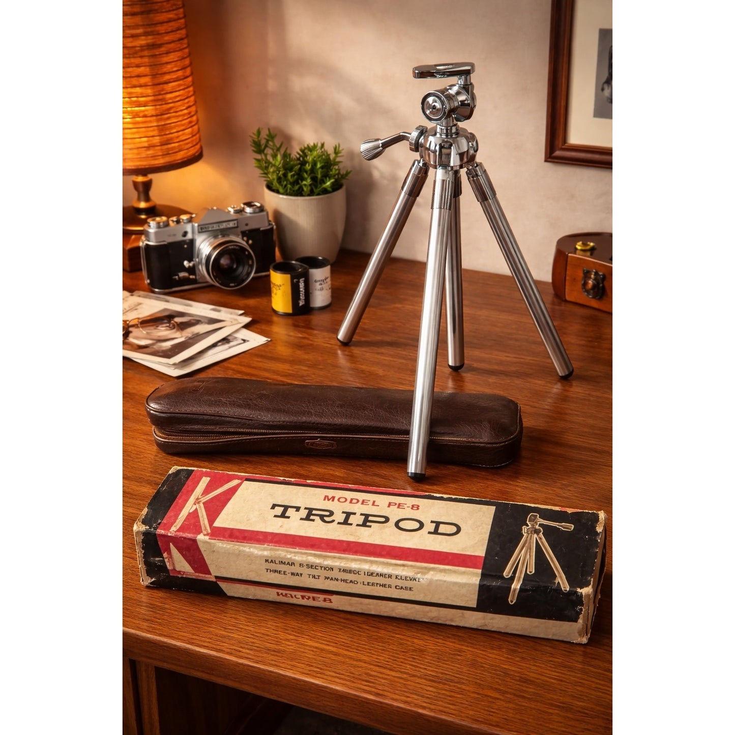Vintage Kalimar Model PE-8 Tripod with Leather Case and Box 1960s Camera Stand