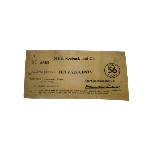 Vintage 1930s 1940s Sears Roebuck 56 Cent Refund Check Uncashed Ephemera