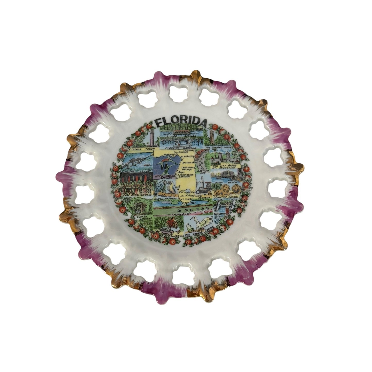 Vintage Kenmar Japan Florida Souvenir Lace Edge Wall Plate 7" Gold Trim Tourist Collectible