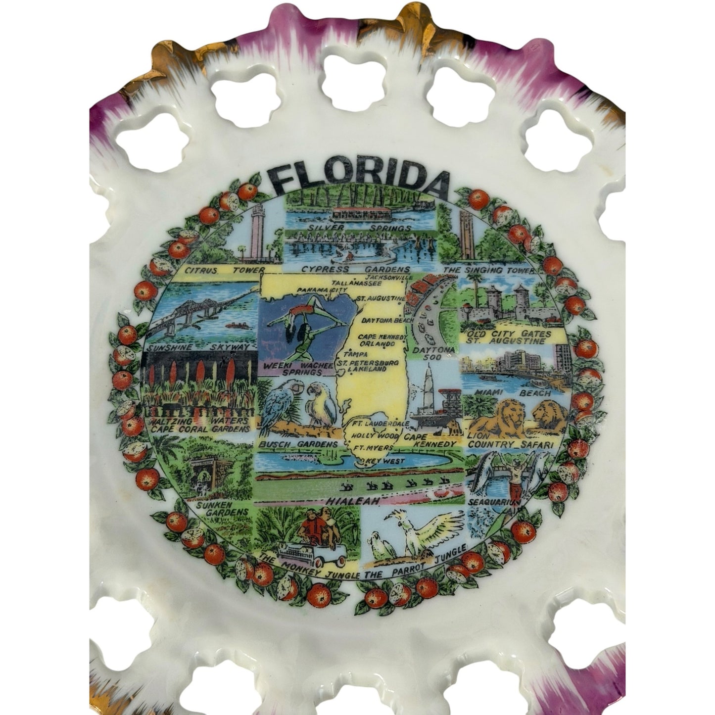 Vintage Kenmar Japan Florida Souvenir Lace Edge Wall Plate 7" Gold Trim Tourist Collectible