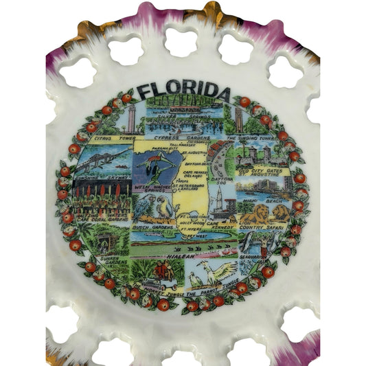 Vintage Kenmar Japan Florida Souvenir Lace Edge Wall Plate 7" Gold Trim Tourist Collectible