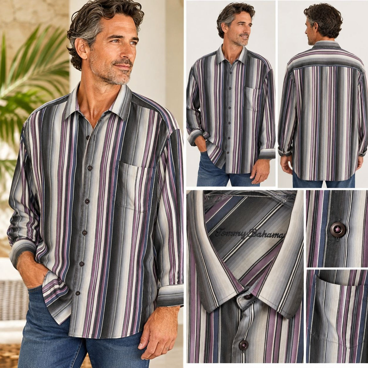 Tommy Bahama XXL Silk Tencel Striped Long Sleeve Button Down Shirt