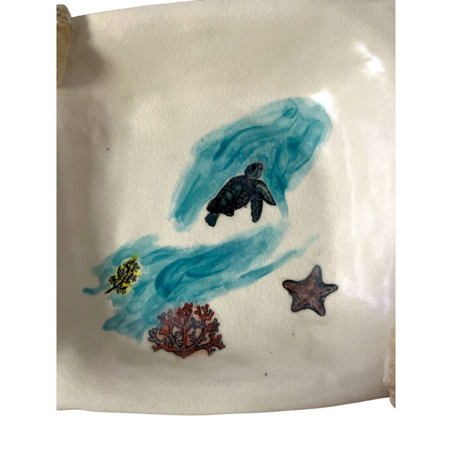 Coastal Ceramic Turtle Shell Dish with Seashell Corners Nautical Decor