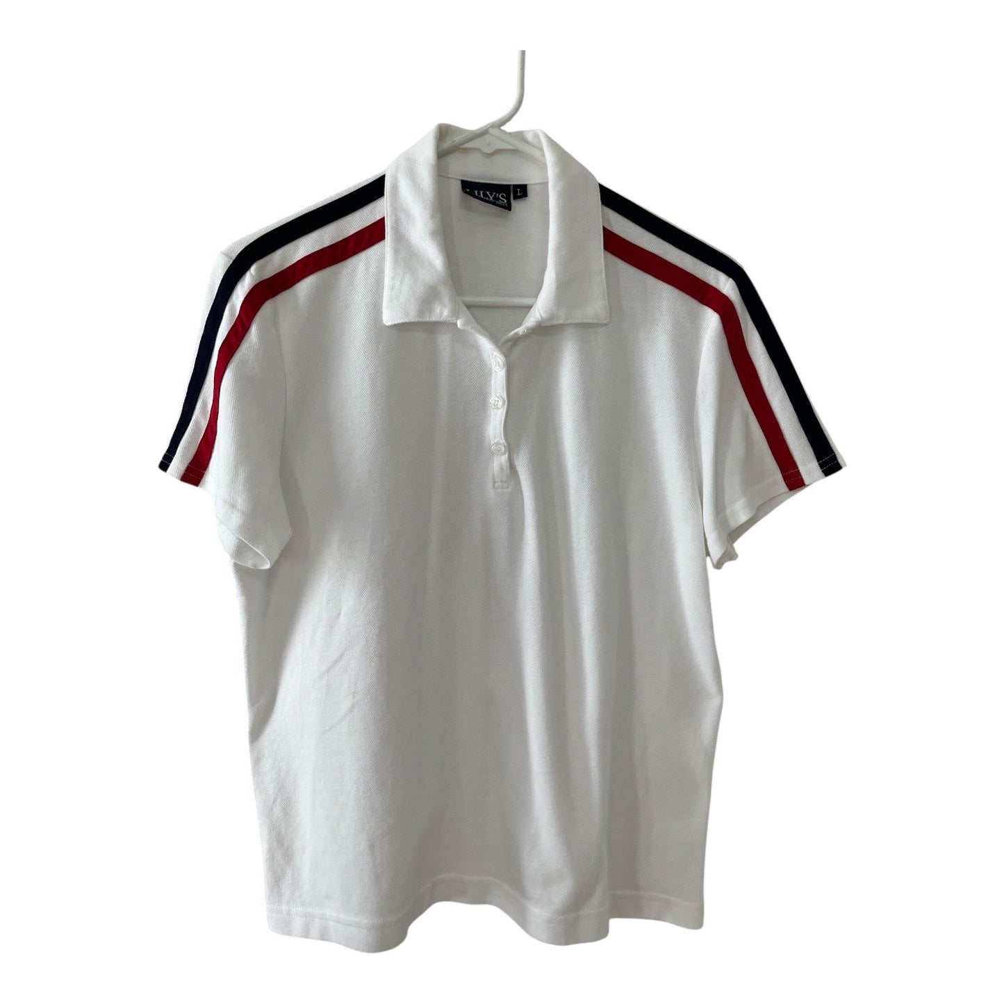 Lily’s of Beverly Hills Women’s Size L White Polo Shirt – Red & Navy Shoulder Stripes