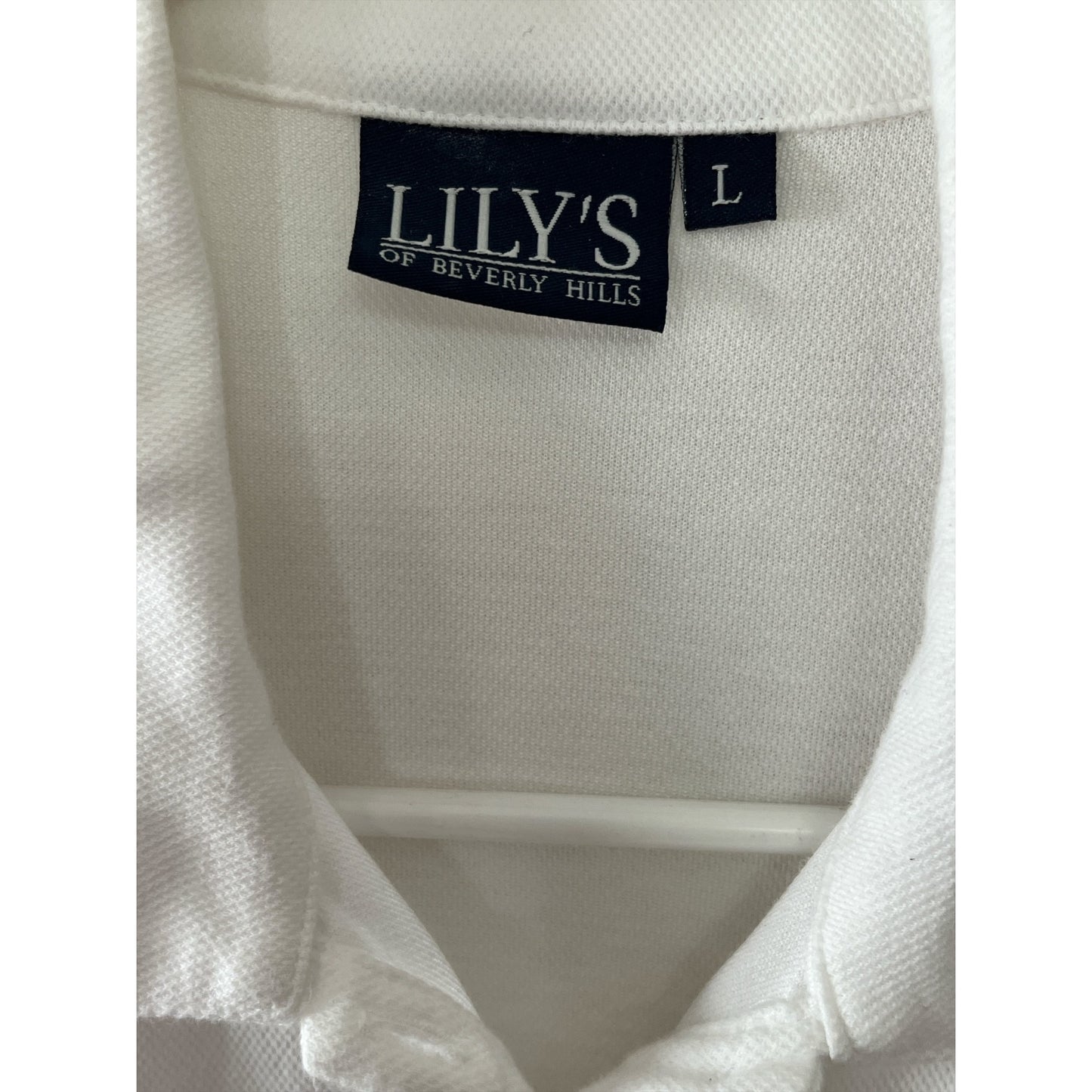 Lily’s of Beverly Hills Women’s Size L White Polo Shirt – Red & Navy Shoulder Stripes