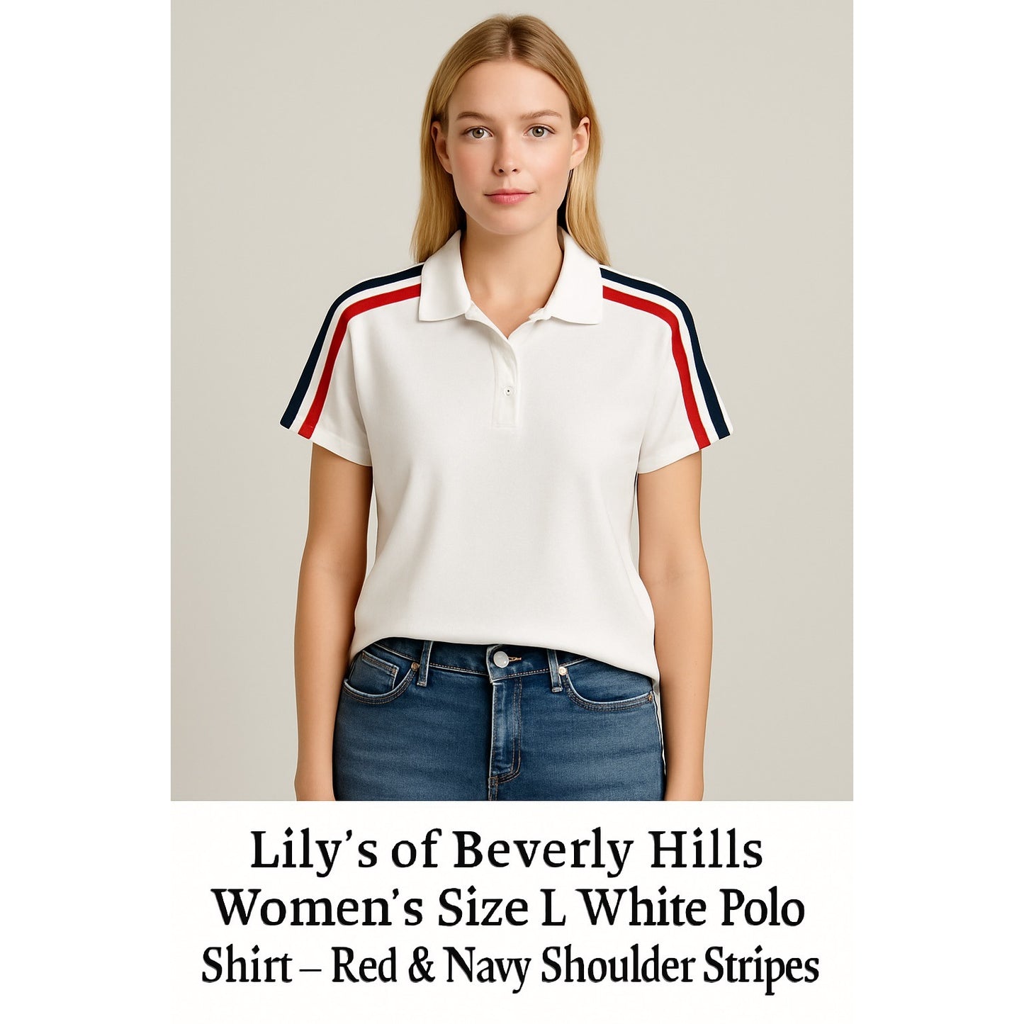 Lily’s of Beverly Hills Women’s Size L White Polo Shirt – Red & Navy Shoulder Stripes