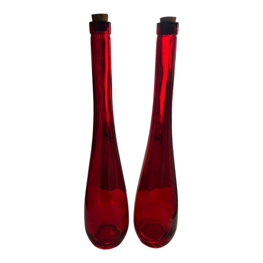 Set of 2 Tall Red Glass Bottles with Cork Stoppers – 17” – Decorative Vase or Decanter