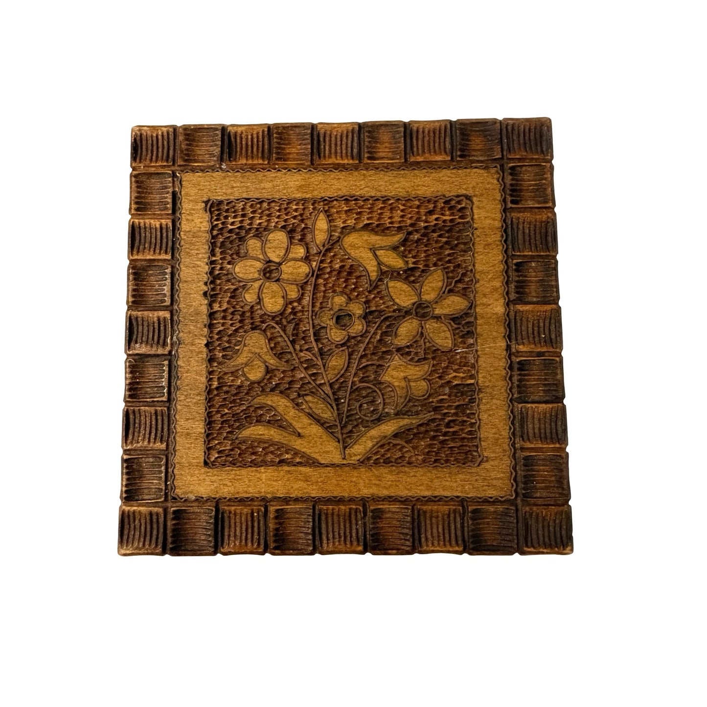 Vintage Poland Hand Carved Wooden Trinket Box Floral Folk Art Jewelry Box 4 Inch