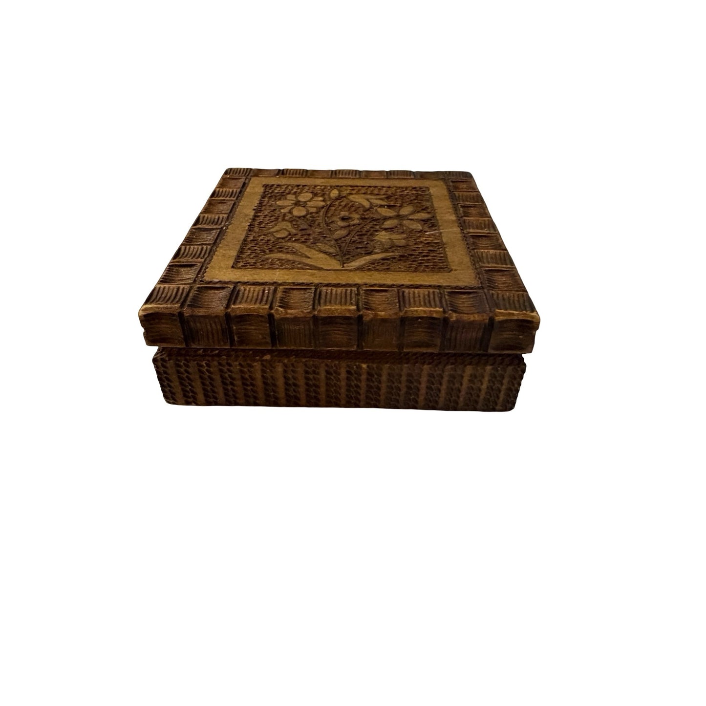 Vintage Poland Hand Carved Wooden Trinket Box Floral Folk Art Jewelry Box 4 Inch