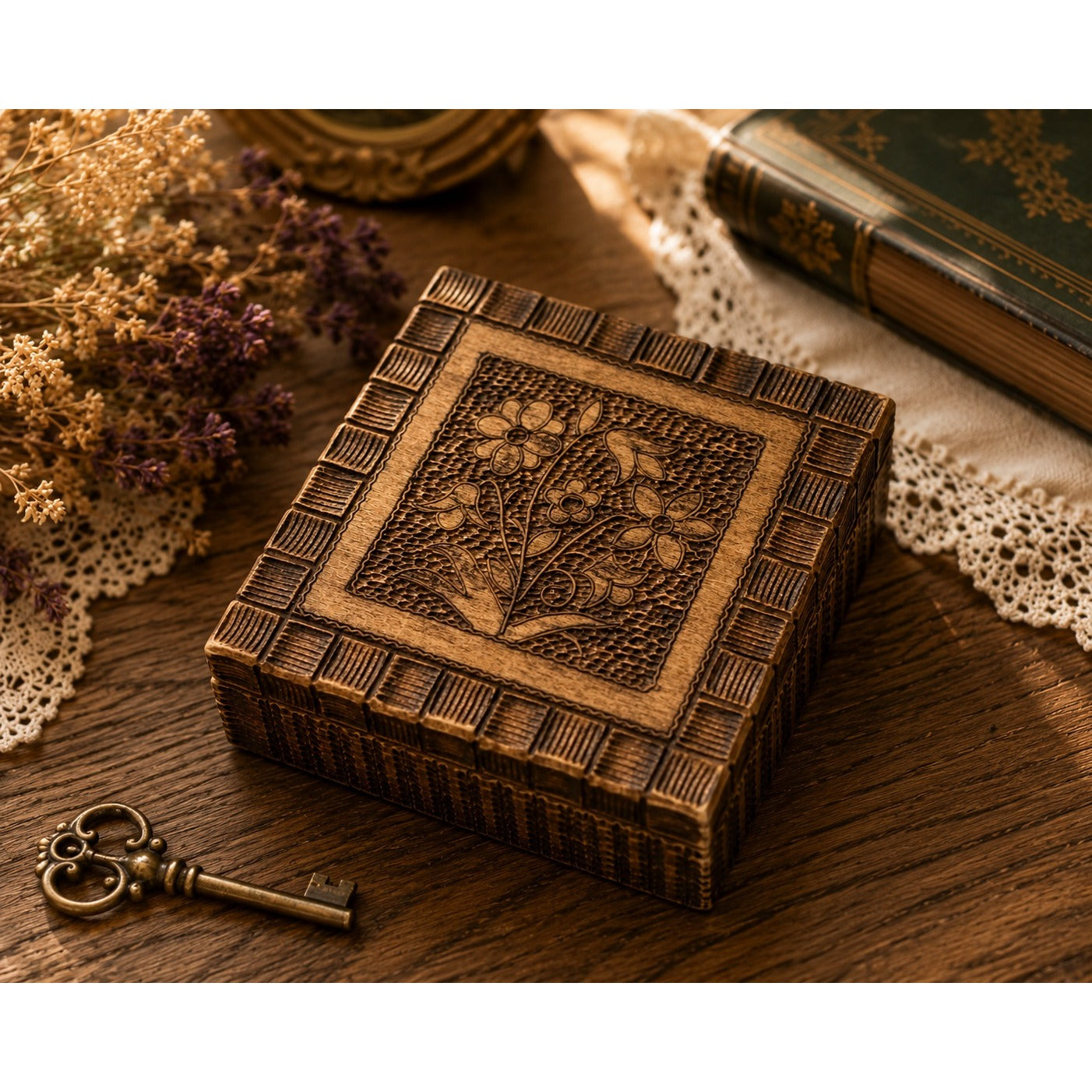 Vintage Poland Hand Carved Wooden Trinket Box Floral Folk Art Jewelry Box 4 Inch
