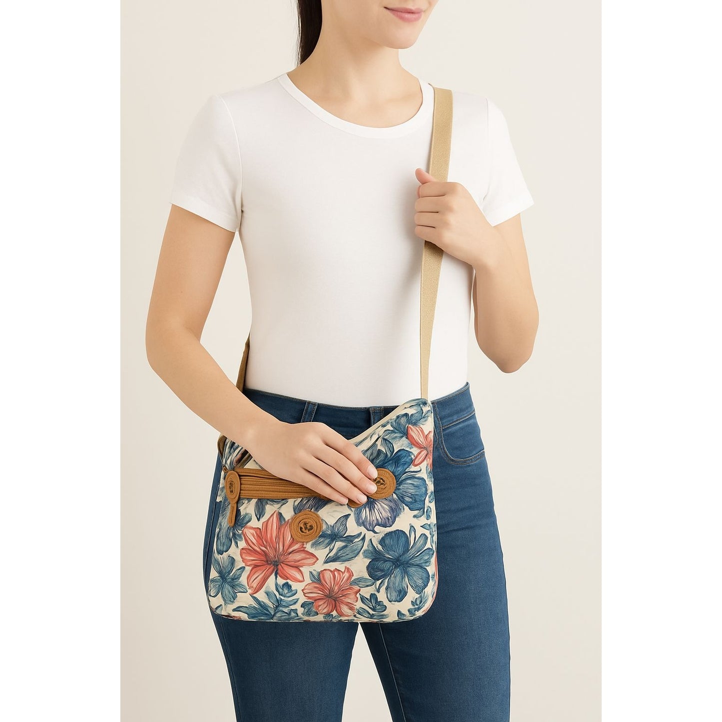 Kim Rogers Floral Crossbody Shoulder Bag Tan Strap