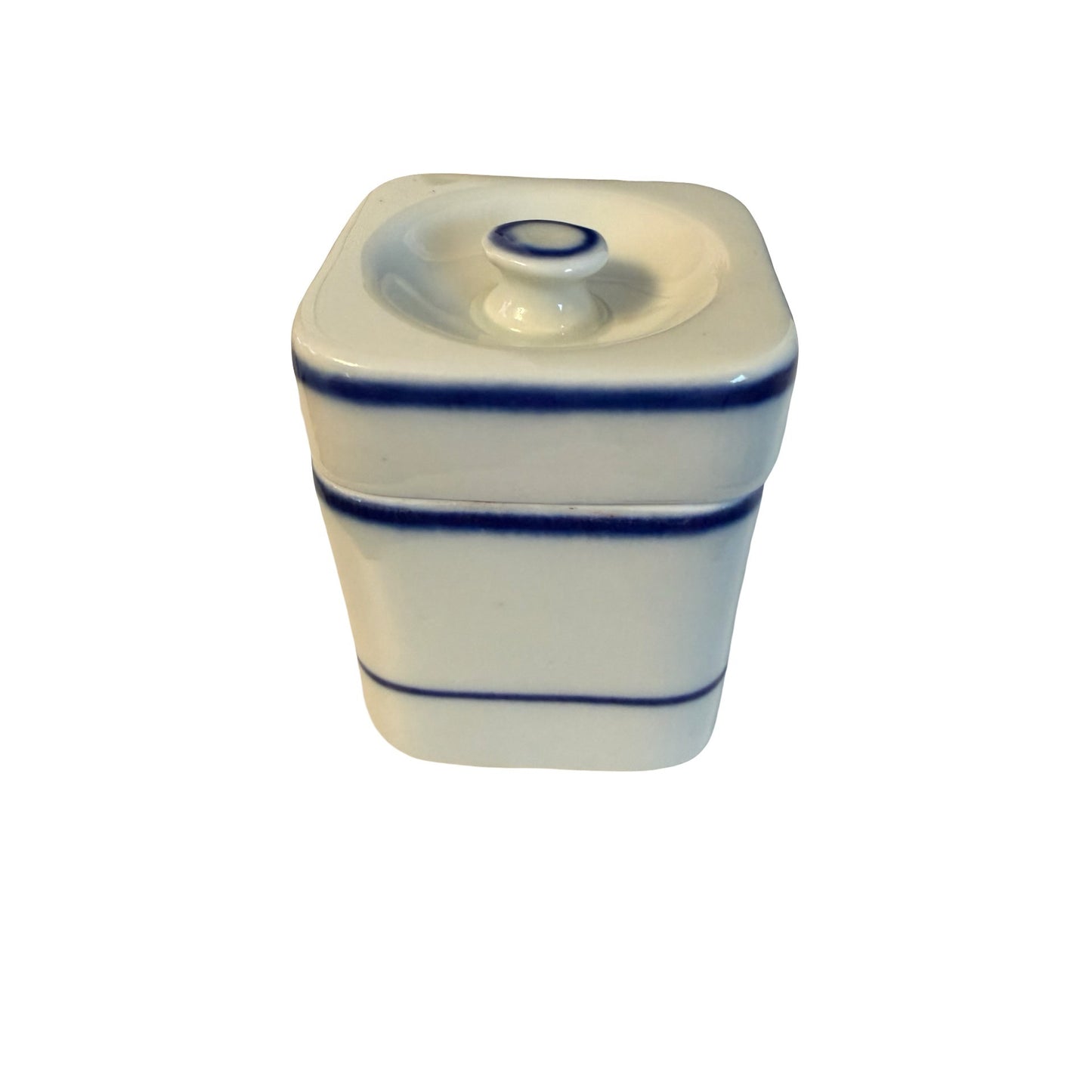 Vintage Viana do Castelo Portuguese Pottery Lidded Canister Blue Stripe Ceramic Jar 197-F