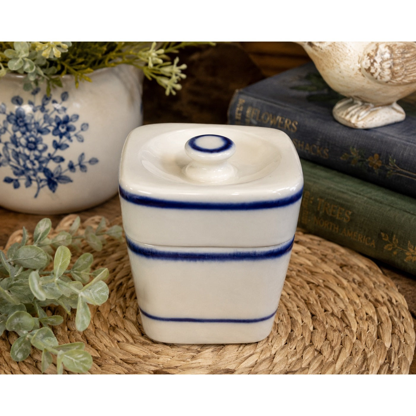 Vintage Viana do Castelo Portuguese Pottery Lidded Canister Blue Stripe Ceramic Jar 197-F