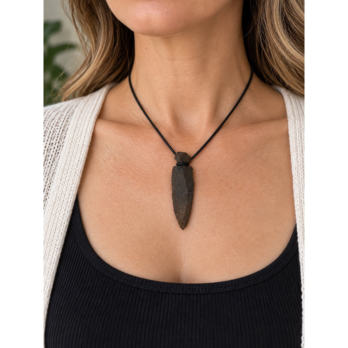 Brown Stone Arrowhead Style Pendant Necklace 15 Inch Rustic Primitive
