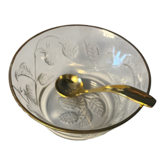 Etched Glass Berry Bowl with Gold Rim & Spoon – 5 x 2.25 x 3" – Embossed Blackberry Design – Made in France