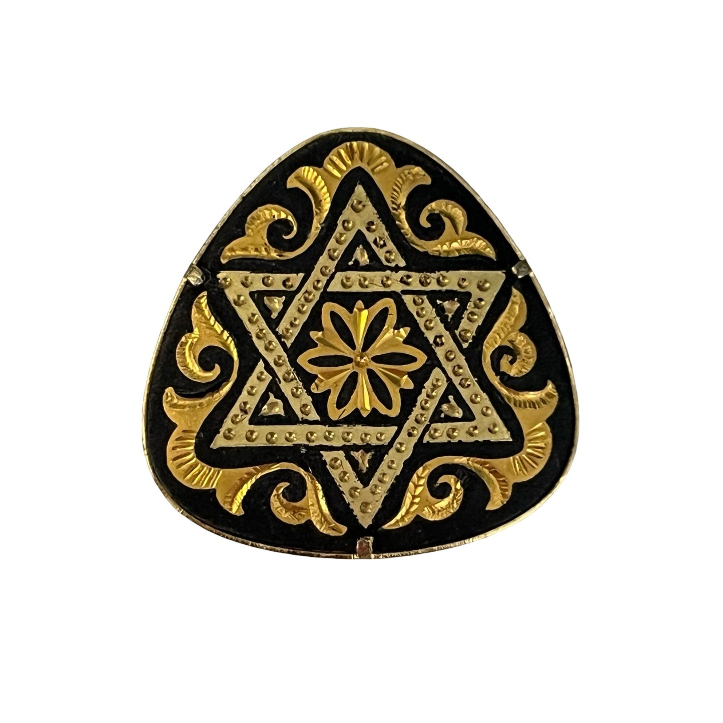 Vintage Gold Tone Star of David Style Brooch Black Enamel Hexagram Floral Statement Pin