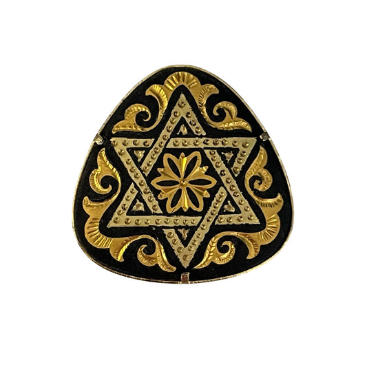 Vintage Gold Tone Star of David Style Brooch Black Enamel Hexagram Floral Statement Pin